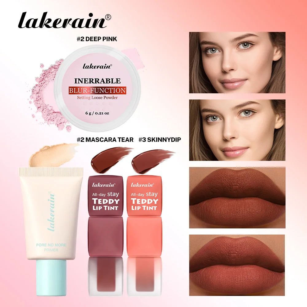4pcs/set Pore No More Primer + Lip Tint + Loose Setting Powder Makeup Set Matte Long-Lasting Waterproof Effect Travel Portable Oasis Select SET 2