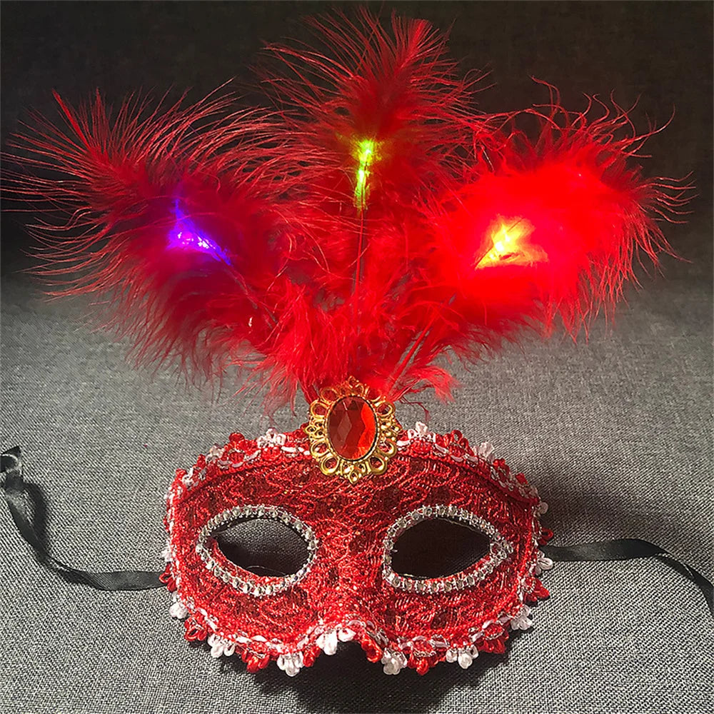 Women LED Party Mask Masquerade Luxury Peacock Feathers Half Face Mask Cosplay Costume Venetian Mask Oasis Select Red