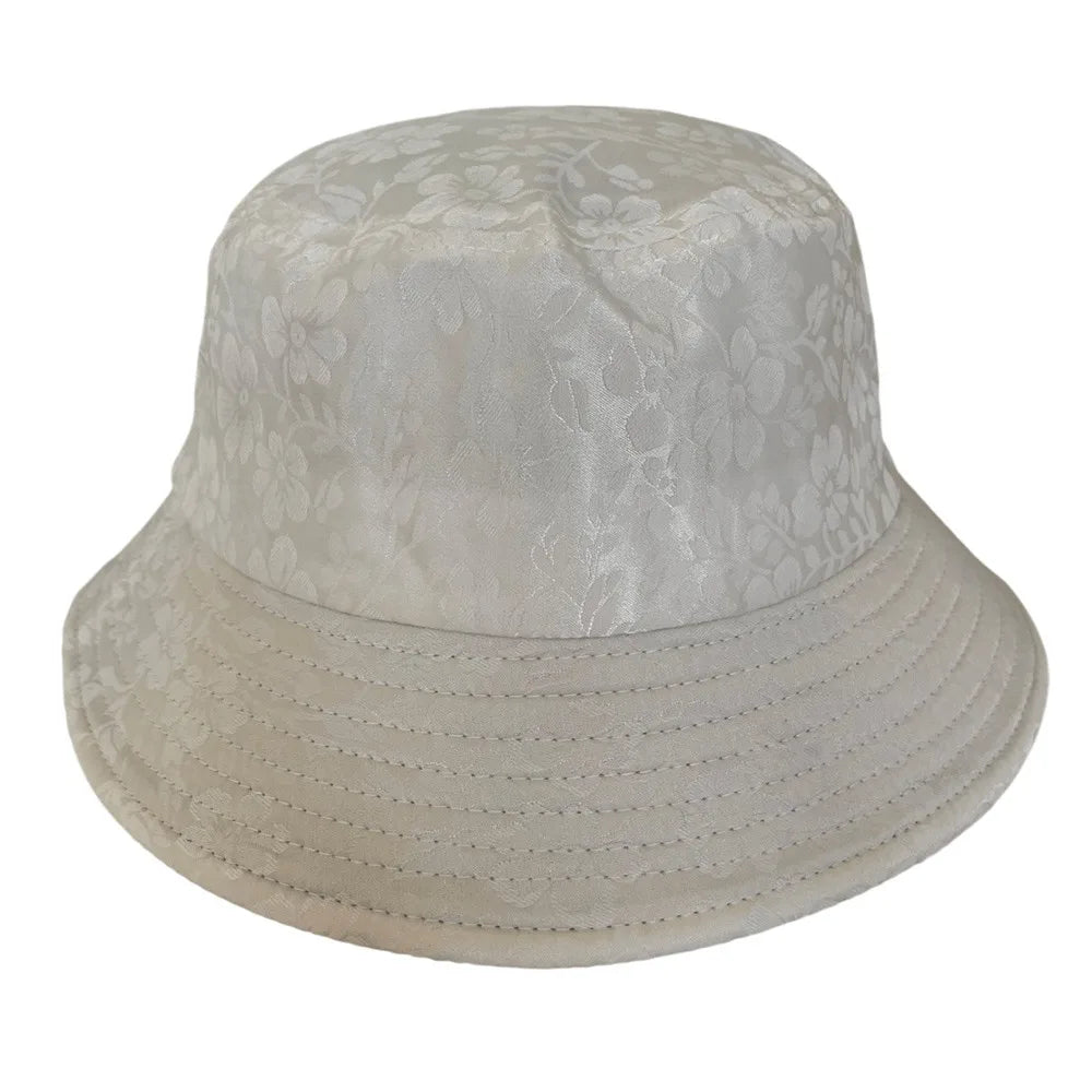 Elegant Floral Print Women Bucket Hat Rhinestone Decor Breathable Floral Print Fisherman Hat Sunscreen Protection Comfortable Oasis Select Beige
