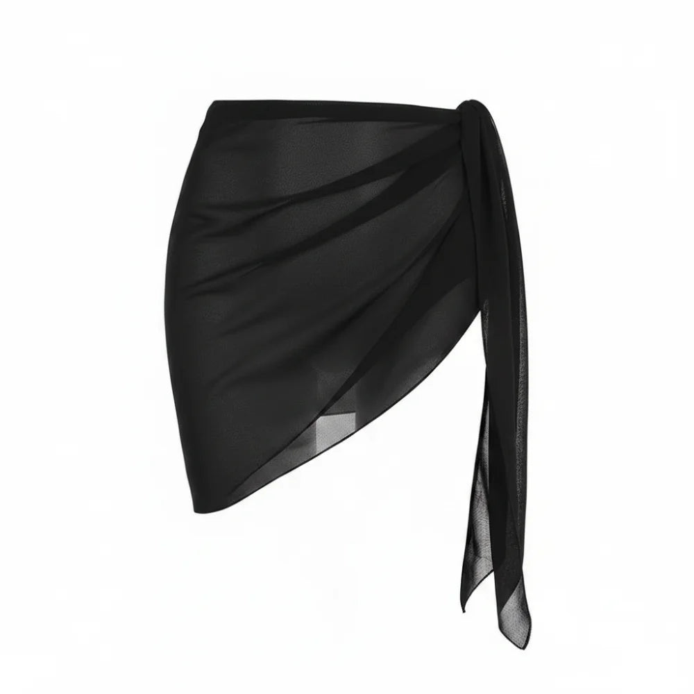 Sexy Solid Color Women Beach Skirt Short Sheer Swimming Skirt Strap Design Swimsuit Coverups Summer Vacation Oasis Select Black One Size