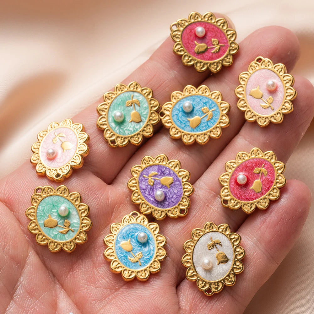 5pcs Stainless Steel Enamel Flower Pearl Bead Charms Earring Pendant for DIY Necklace Bracelet Jewelry Making and Crafting Oasis Select