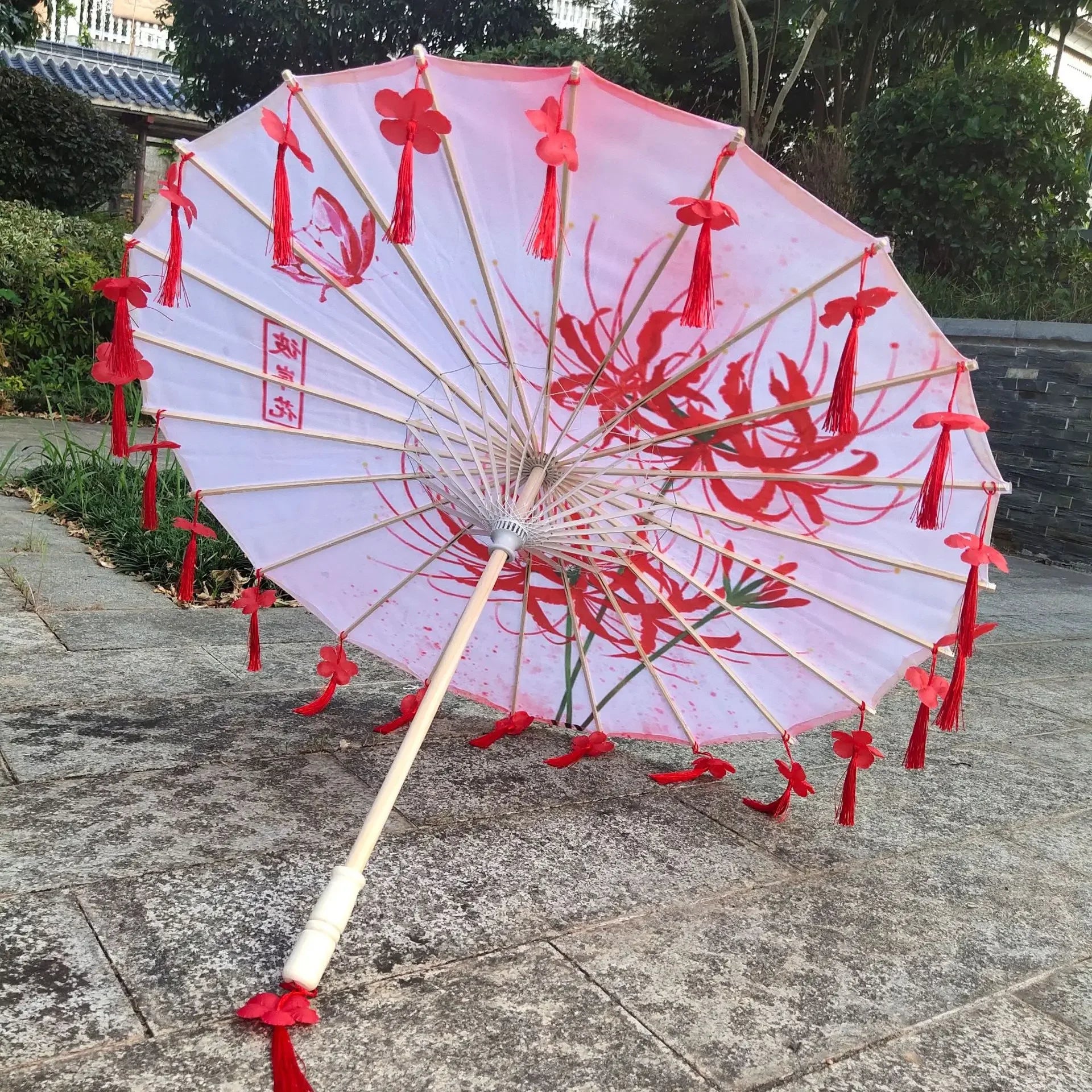Antique Hanfu Fringe Umbrella Performance Photo Props Dance Silk Umbrella Craft Ancient Point Oiled Paper Umbrella Oasis Select Solid Wood 20 16K