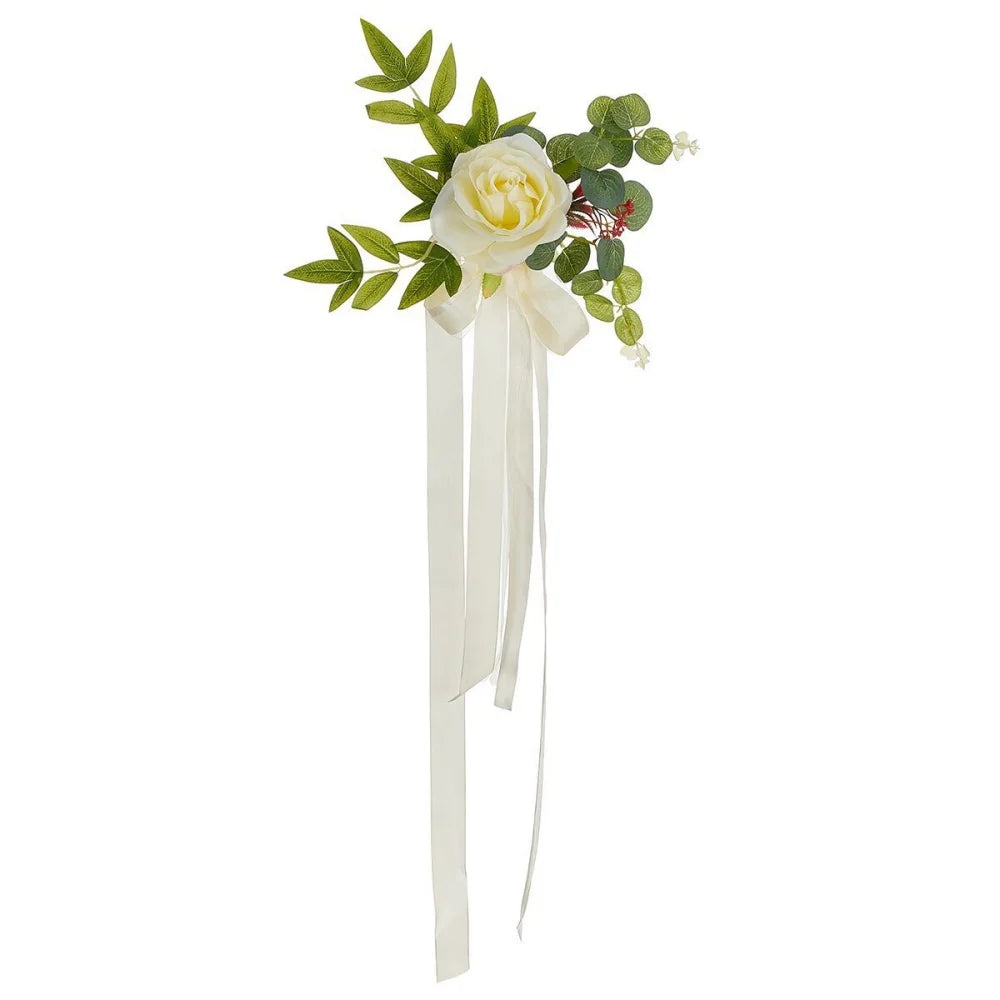 1pcs Wedding Aisle Decoration Pew Flowers with Artificial Rose Eucalyptus Ribbon for Wedding Ceremony Church Chair Decor Oasis Select Yellow
