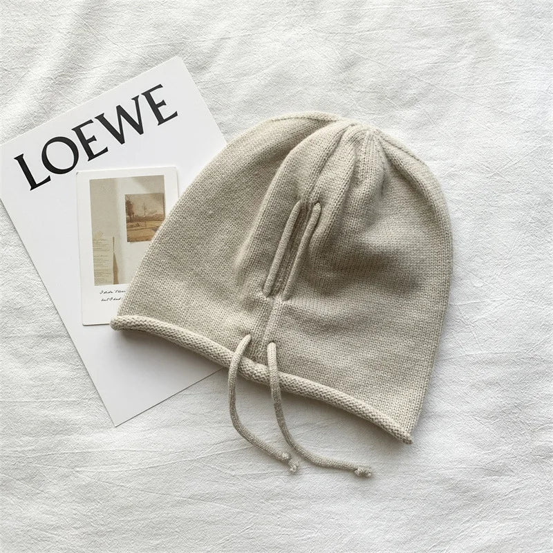 Knitted Bonnet Hoods Female Winter Warm Baggy Slouchy Beanies Hat Women Fashion Drawstring Pullover Cold Hats for Ladies Winter Oasis Select Beige