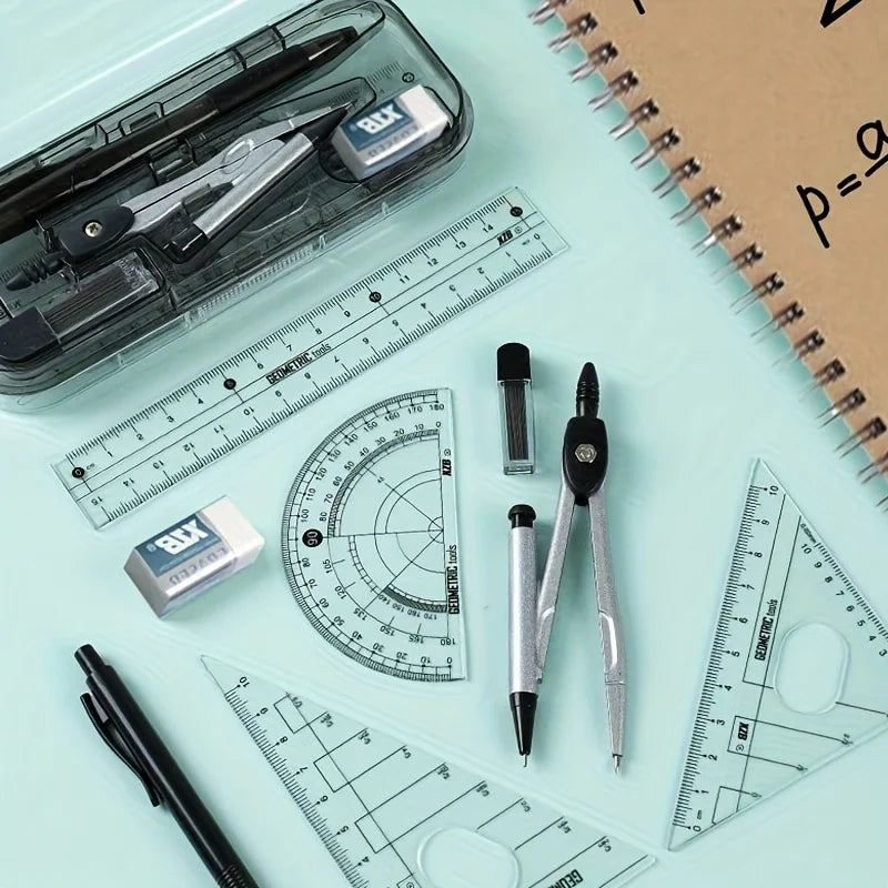 8PCS Drawings for Geometry School Compasses, Mechanical Pencils, Protractors, Rulers, and Tripods, with Storage Boxes Oasis Select