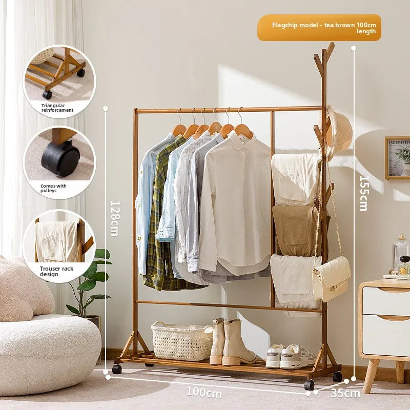 Simple coat rack Hanging hanger Floor to ceiling Living room Bedroom hanger Children's creative solid wooden clothes rack Oasis Select QJ brown 100