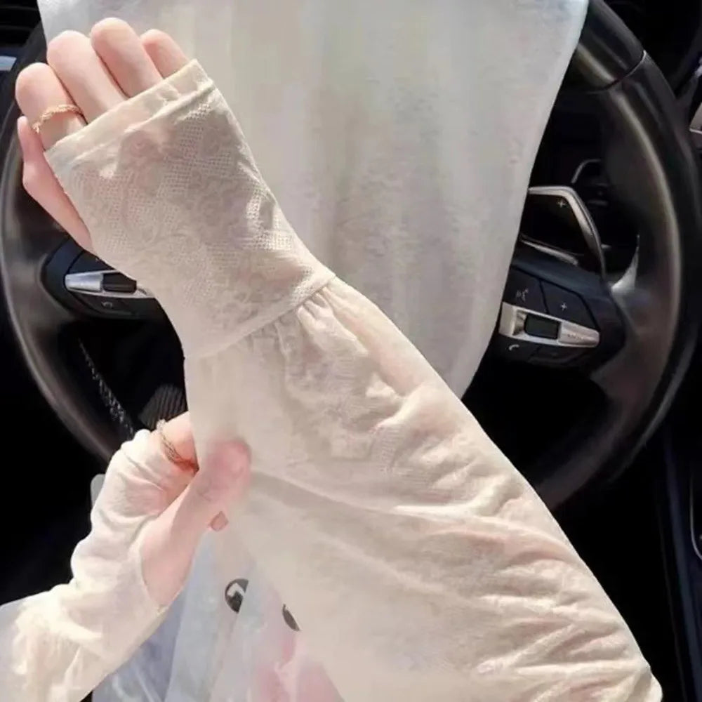 Fashion Lace Ice Silk Sleeves Long Soft Breathable Sunscreen Sleeves UV Protection Arm Glove Sleeves Women Oasis Select Beige