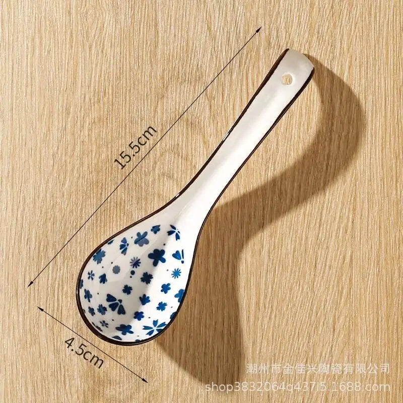 Japanese-style Small Blue And White Ceramic Spoon With Underglaze Decoration, Extended Length For Soup And Noodle Serving Oasis Select 7