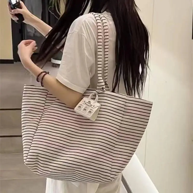 Canvas Tote Bag For Women Large Capacity Striped Plaid Polka Dot Shoulder Bag Reusable Shopping Handbag For Work Travel Beach Oasis Select A2