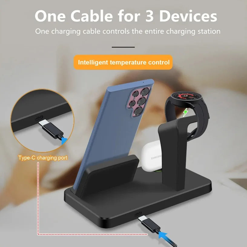 3 in 1 Type C Fast Charging Station Wireless Charger Stand For Galaxy Watch 6 5 Pro for Samsung S23 Ultra S22 S21 Xiaomi Huawei Oasis Select