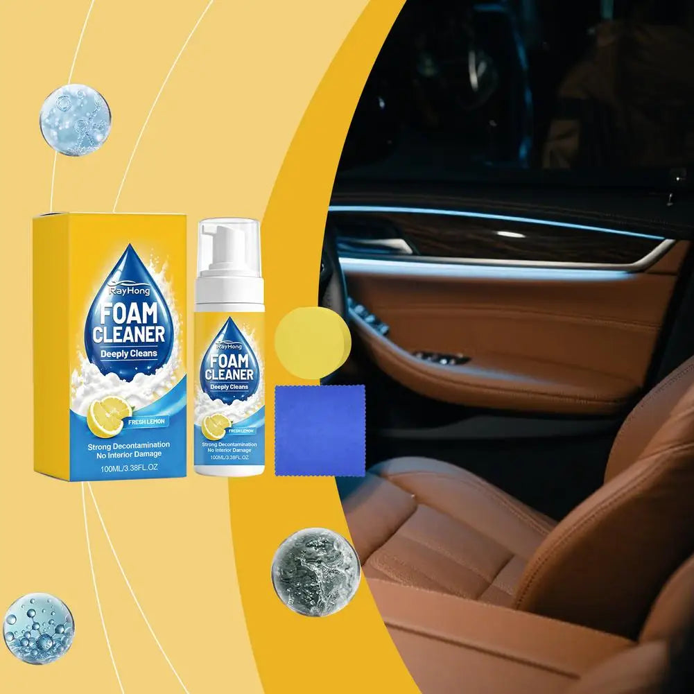 Car Interior Foam Cleaner Set – Lemon Scent, Sponge & Towel