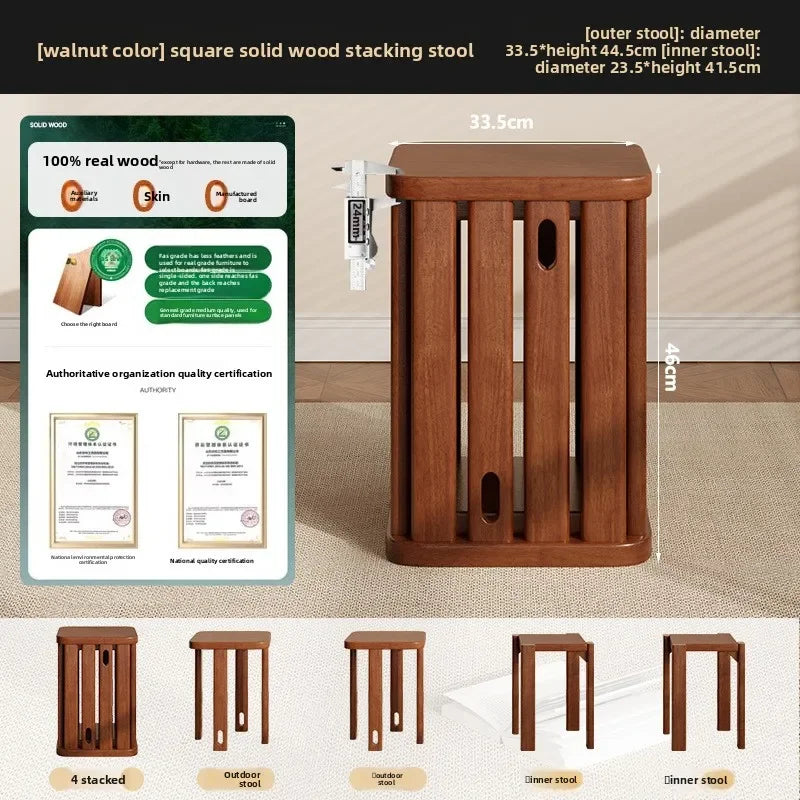 Household stools can be stacked solid wood round stools stacked low stools with pulleys wooden stools sturdy and durable Oasis Select Walnut-4B