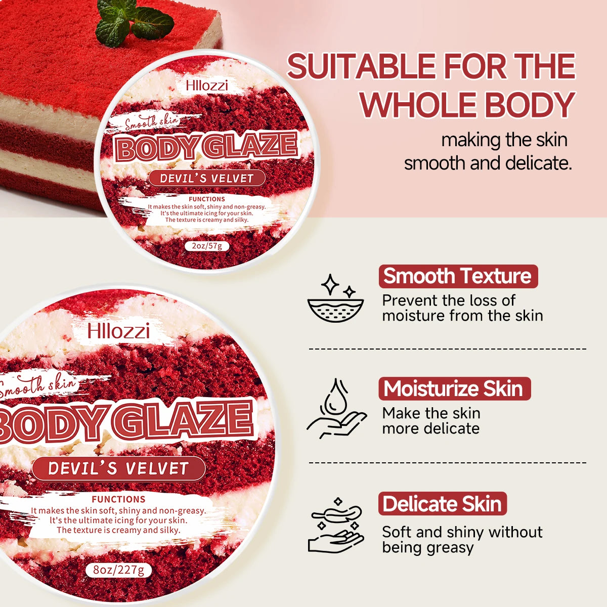 8oz 2oz body glaze Red Velvet Moisturizes, protects, and repairs the skin Create a more even-looking skin tone Oasis Select