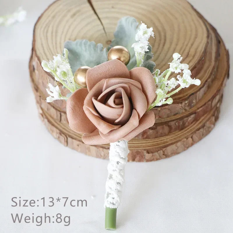 Boutonnieres Flowers Artificial White Roses Silk Ivory Corsage Buttonhole Groomsmen Boutonniere for Men Wedding Accessories Oasis Select Coffee