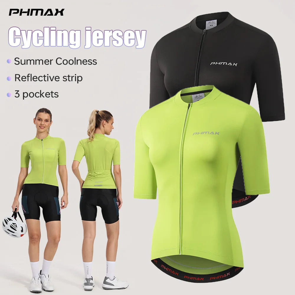 PHMAX Women Cycling Jersey Pro Breathable Summer MTB Road Bike Shirt Reflective Strip 3 Pockets Short Sleeve Cycling Maillot Oasis Select