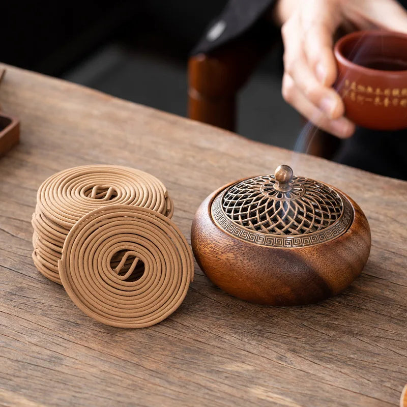 1pcs South American Walnut Retro Solid Wood Round Incense Burner, High-end Atmospheric Home Indoor Incense Burner Oasis Select