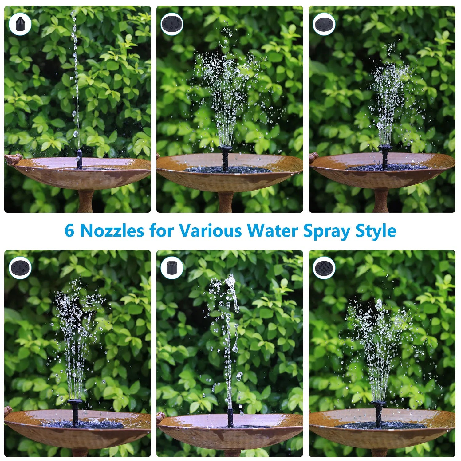 3.5W Solar Fountain Pump, Solar Water Pump Floating Fountain Built-in 1500mAh Battery, with 6 Nozzles, for Bird Bath Oasis Select