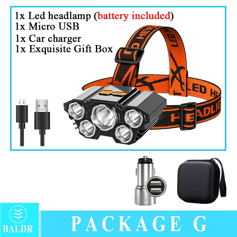 USB Rechargeable Led Five-Head Headlamp Super Bright 18650 Built-in Battery Headlight Portable Head Flashlight Fishing Lantern Oasis Select headlamp G Built in battery EU