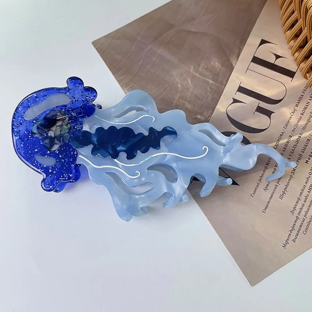 1Pcs New Shark Jellyfish Hair Clip Acetate Labge Marine Life Hair Claw Summer Beach Colorful Hair Accessories Women Girls Oasis Select blue