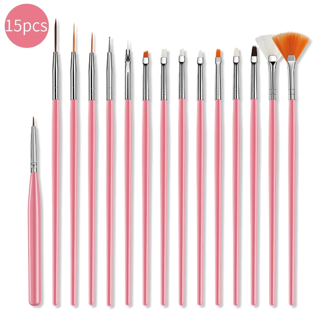 15pcs Fine Detail Paint Brush Set Acrylic UV Gel Drawing Dotting Manicure Nail Art Design Tools Makeup Accessorie Gel Brush Oasis Select Pink