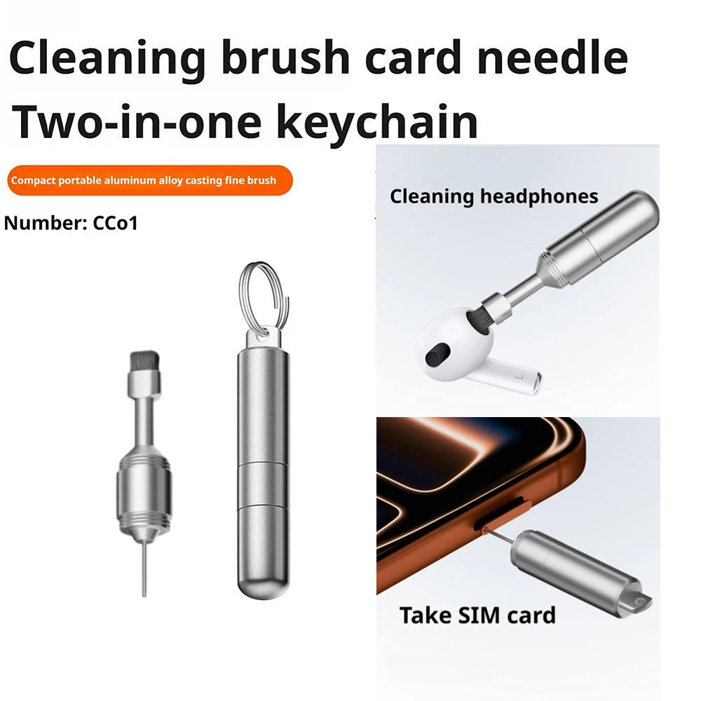 2-in-1 Aluminum Alloy SIM Card Eject Pin Keychain, Portable SIM Tray Removal Tool with Earbuds Cleaning Brush for All Smartphone Oasis Select