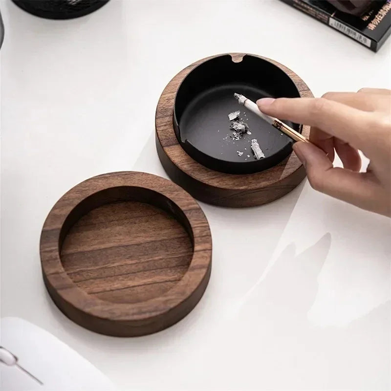 1pc Walnut Wood Ashtrays with Lid Covered Windproof Ashtray Stainless Steel Liner Indoor Outdoor Ash Tray for Home Oasis Select