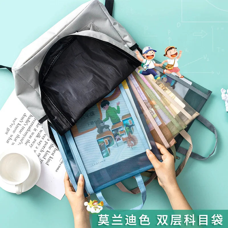 Morandi Double-layer A4 File Bag Test Paper Storage Bag A5A6 Mesh Pen Bag Transparent Office Classification Receipt Bag Oasis Select