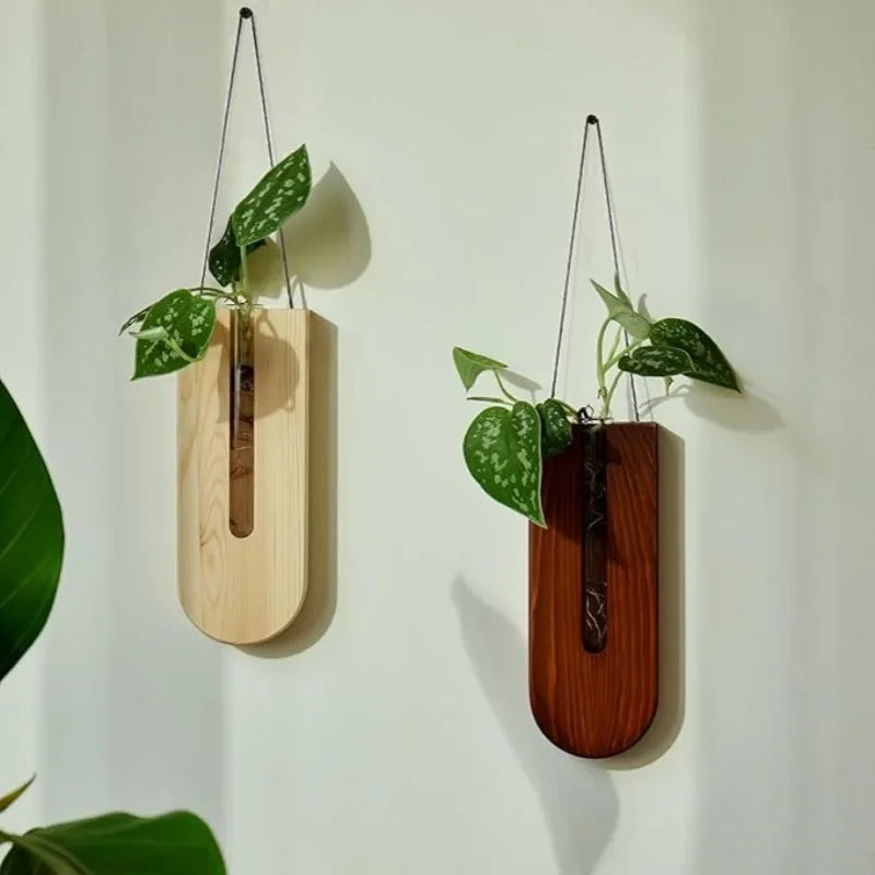 Wooden Hanging Planters Bohemia Wall Plant Propagation Terrarium Flower Tube Vase with Wood Stand, Indoor Propagator for Plants Oasis Select
