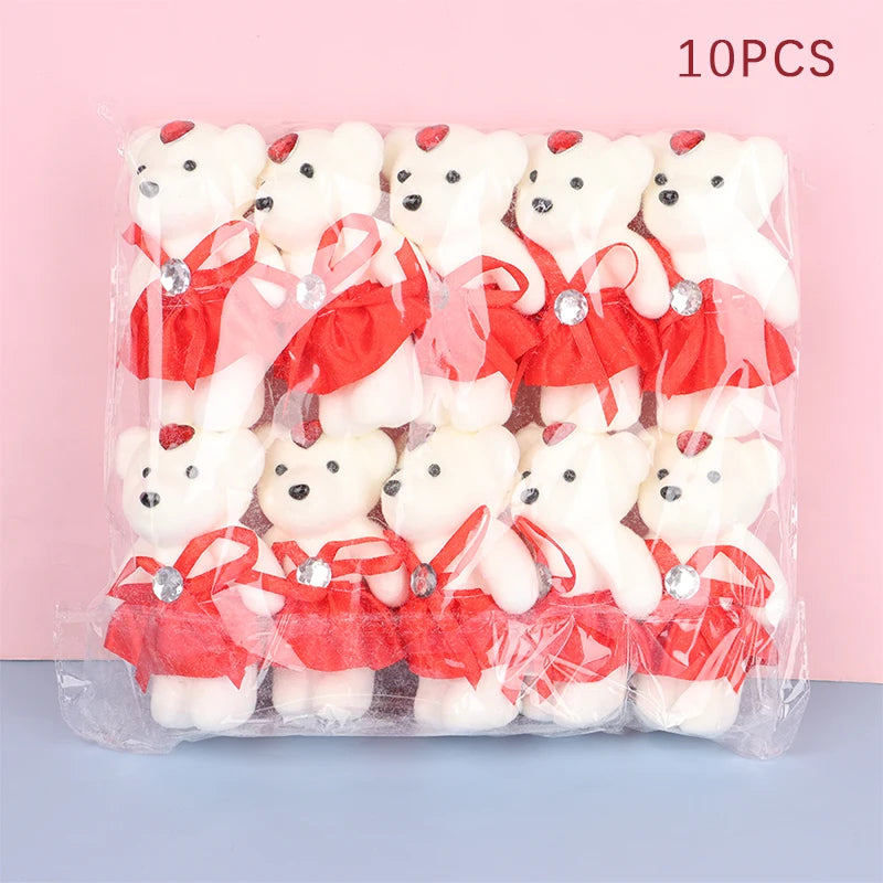 10Pcs 12cm Bear Flower Bouquet Toy Cartoon Doll Teddy Bear Bouquet Graduation Birthday Wedding Gifts Party Decor Oasis Select Red