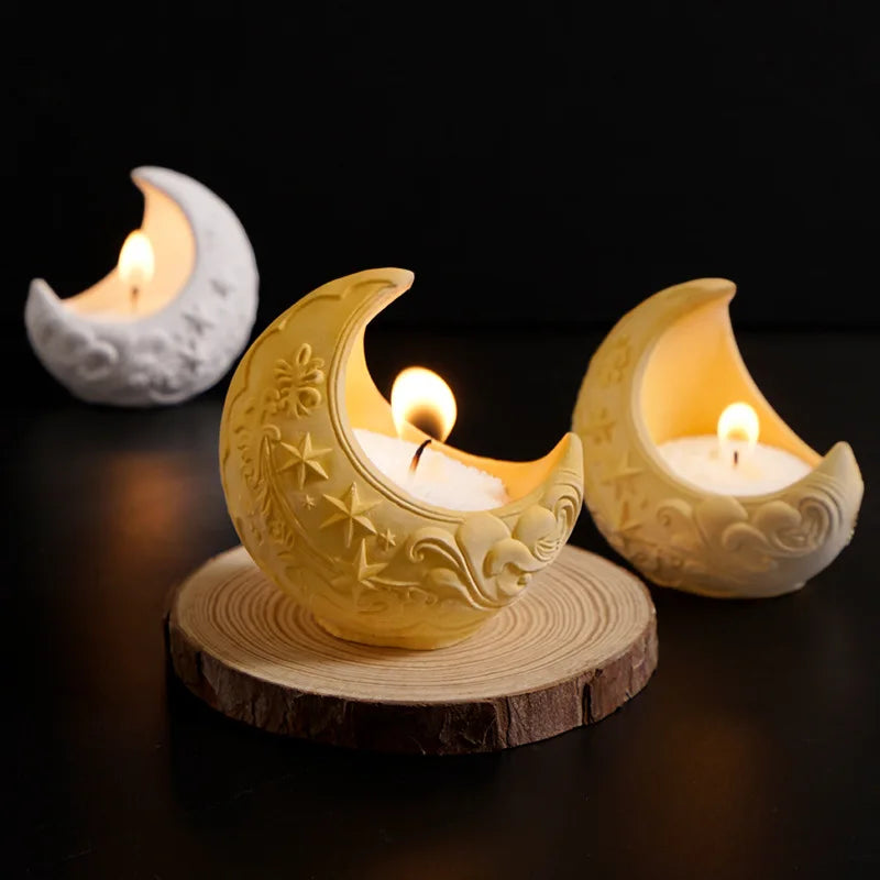 Embossed Moon Candle Holder Mold Star Half Moon Candle Cup Wave Moon Plaster Flower Pot Container Silicone Mold Oasis Select