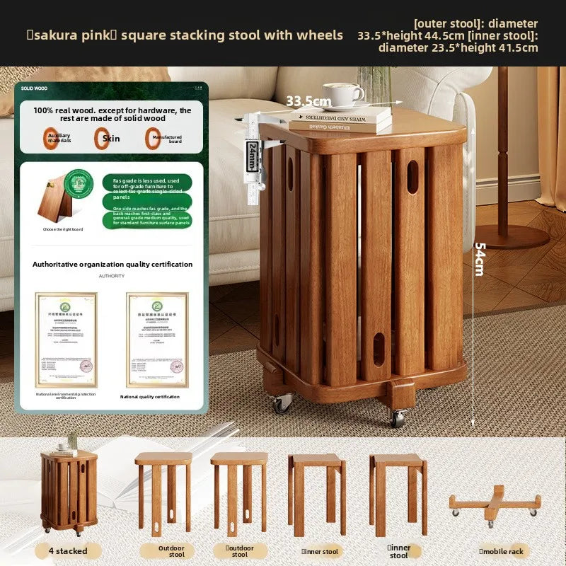 Household stools can be stacked solid wood round stools stacked low stools with pulleys wooden stools sturdy and durable Oasis Select Cherry wood color-4C