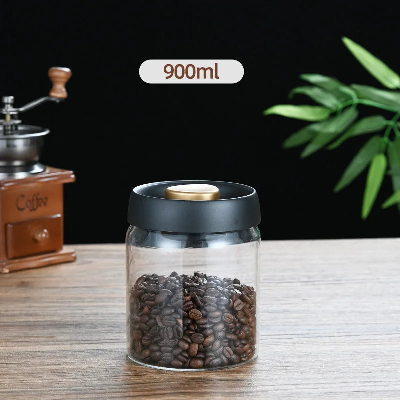 Coffee Beans Vacuum Sealed Tank Glass Sealed Jar Household Moisture-proof Air Extraction Airtight Container Household Coffee Set Oasis Select Black-Gold-900ml