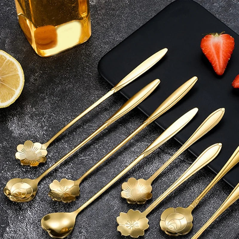 Stainless Steel Cherry Flower Gold Scoop Coffee Spoon Gift Kitchen Dessert Tea Replacement Tableware Decoration Set 13Cm Oasis Select