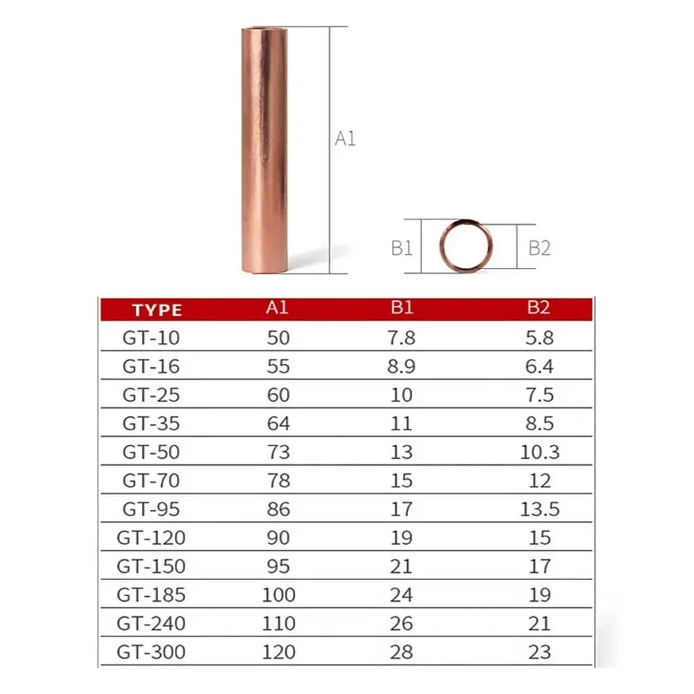 Ferrule Lug Connector Crimp Terminal GT Copper Wire Cable Hole Passing Connecting Sleeve Tube GT-10/16/25/35/50/70/95/120mm2 Ter Oasis Select
