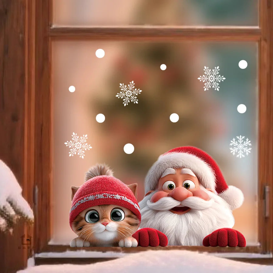 DH045 Kitten and Santa Claus 3D Visual Animation Electrostatic Sticker Home Decoration Shop Window and Glass Window Sticker Oasis Select