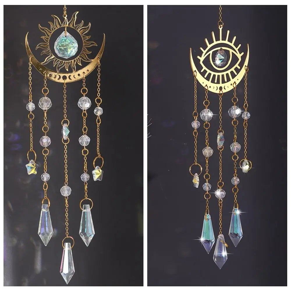 Golden Flame Moon Crystal Pendant AB Colourful Moon Eye Sunshine Catcher Hanging Moon Hanging Decoration Holiday Party Decor Oasis Select