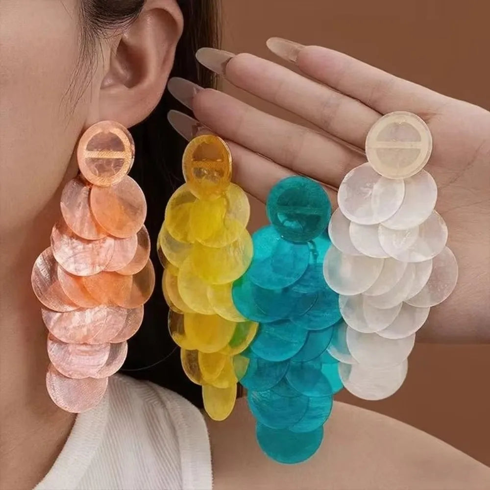 Round Shell Shell Tassel Earrings Beach Style Transparent Vintage Exaggerated Shell Disc Earrings Drop Earrings Oasis Select