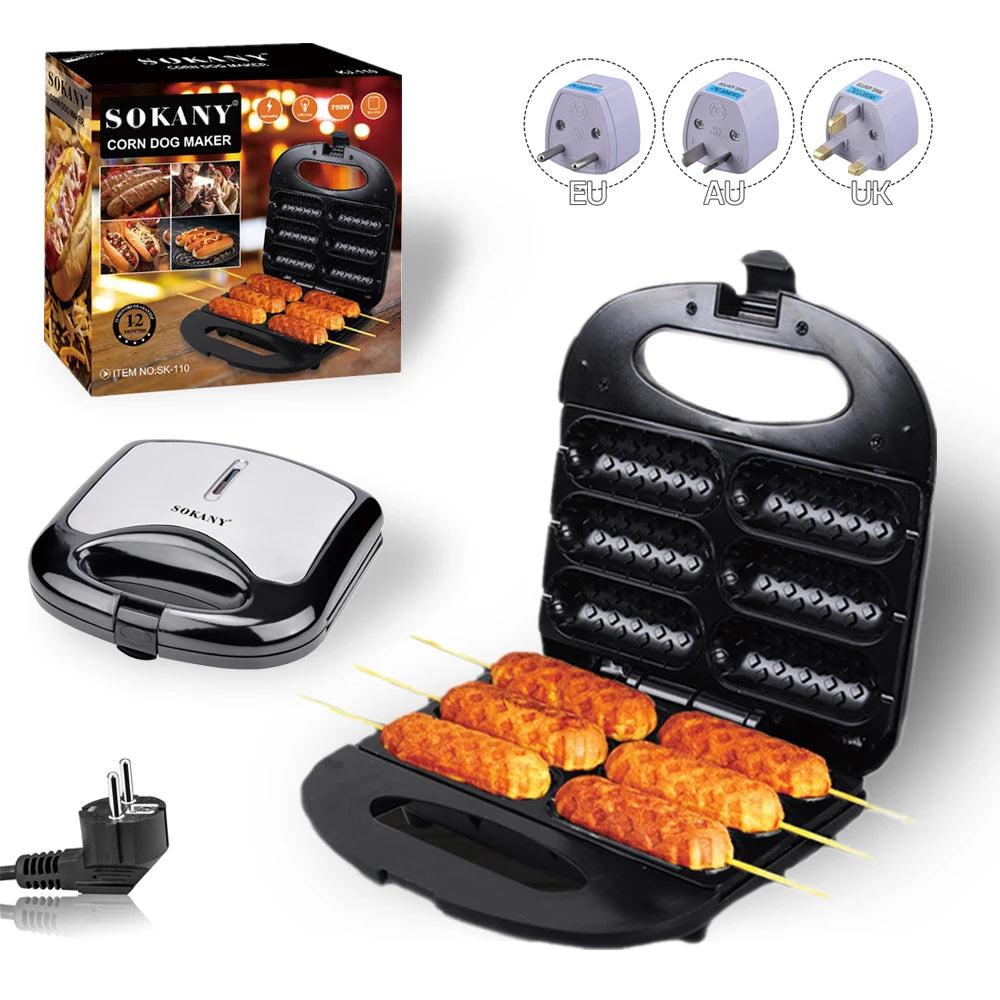 Electric Hot Dog Machine Waffle Maker 6 Corn Dogs Non-Stick Double-sided Heating Sausage Roll Maker Breakfast for Kid Party 220V Oasis Select