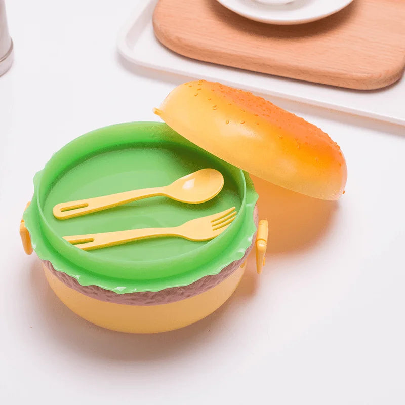 Hamburger Lunch Box Double Tier Cute Burger Bento Box Microwave Food Container Fork Tableware Set Oasis Select