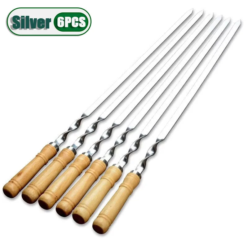 6-24PCS 55cm BBQ Fork BBQ Skewers Long Handle Kebab Barbecue Grill Sticks Reusable Stainless Steel Outdoor Camping Grill Needle Oasis Select Silver-6PCS