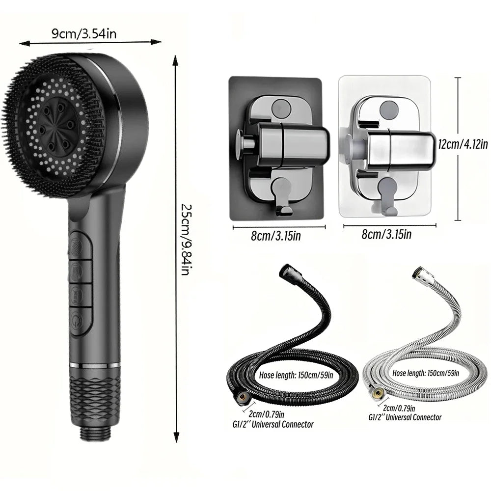 4 Modes Self-cleaning Shower Head with Silicone Brush One-Key Stop Water Massage High Pressure ABS Showerhead with Filter Oasis Select