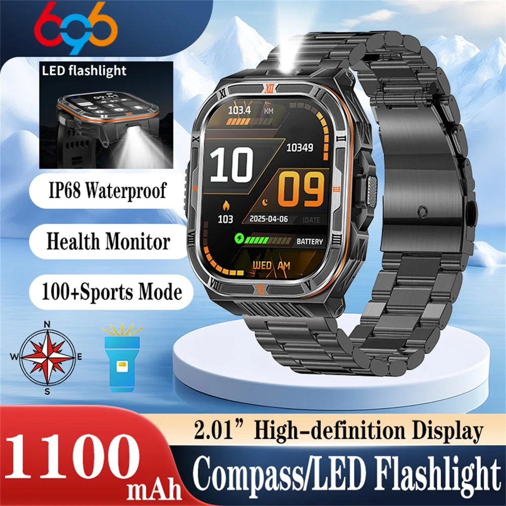Waterproof Smartwatch Men 1100mAh Battery LED Flashlight BT Call Outdoor Smart Watches Health Monitor 100+ Sports Mode Compass Oasis Select