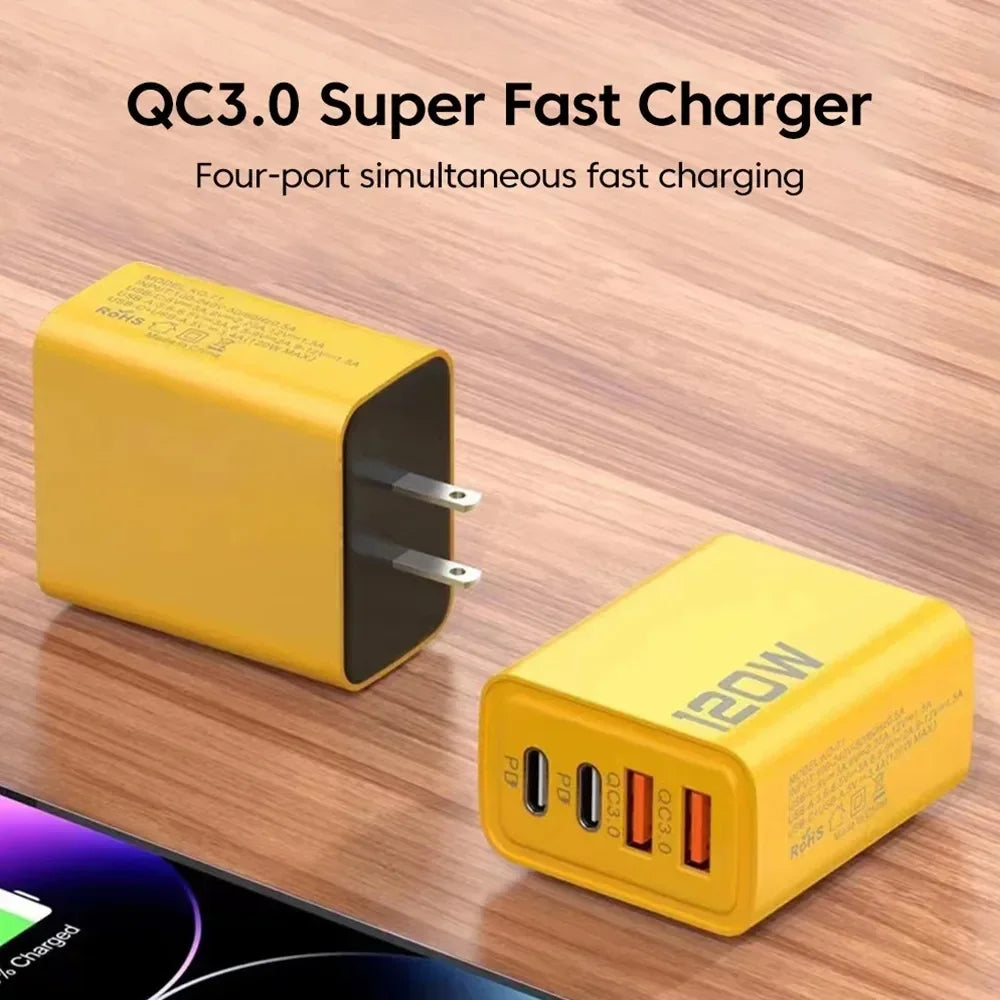 tatol 120W 4-Port USB Type C Fast Wall Adapter for Quick Charge Mobile Phone - High-Speed Charging Dock for Phones Tablets Oasis Select