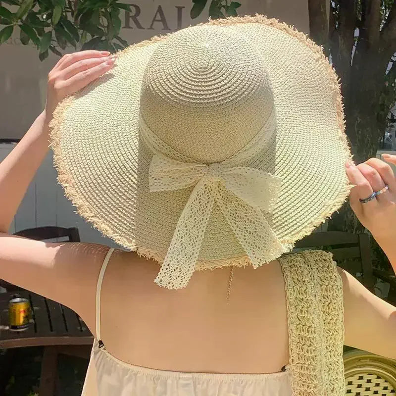 Women Bow Decor Oversize Big Brim Straw Hat Summer Outdoor Sun Block UV Protection Hat Lightweight Breathable Beach Headwear Oasis Select