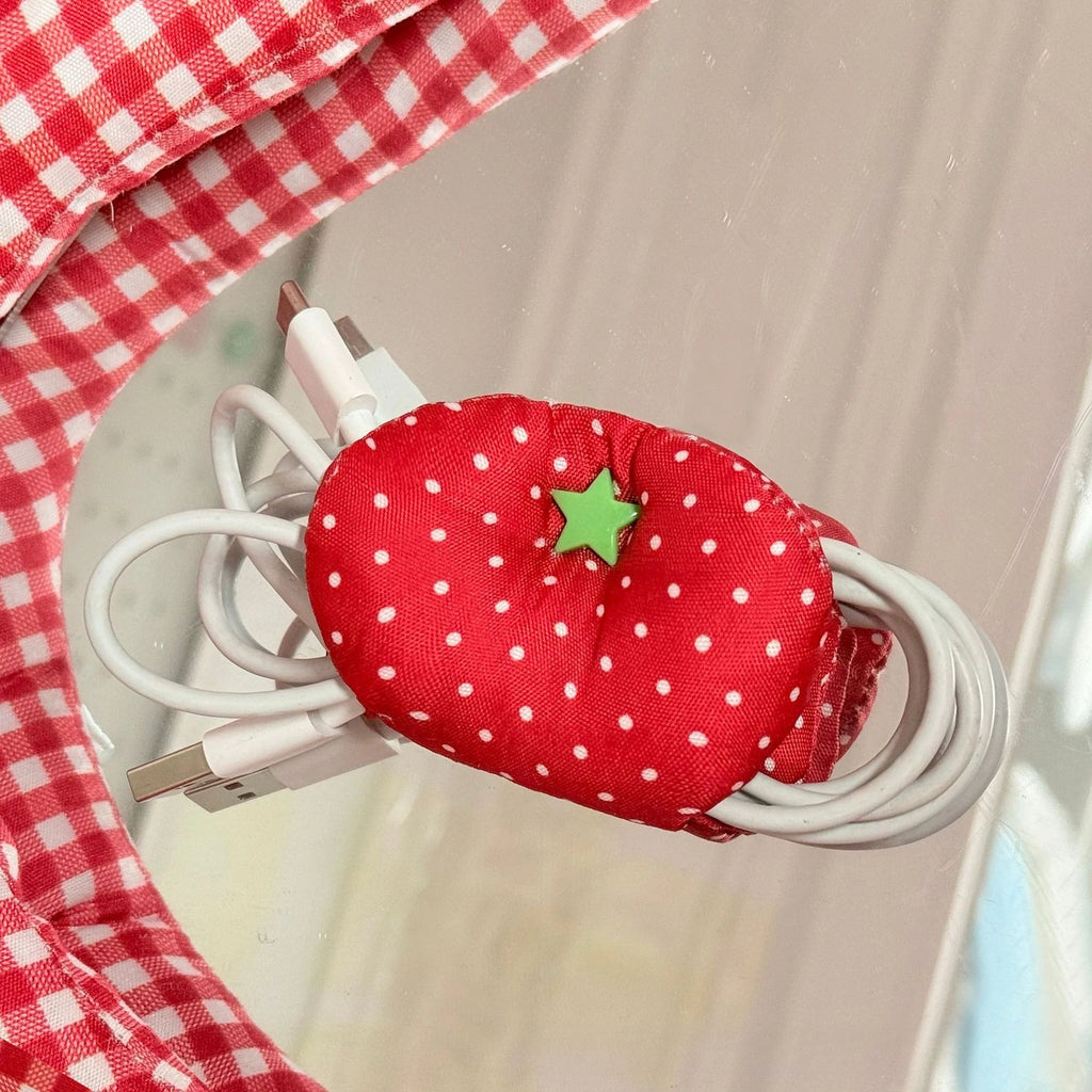 Harajuku Korean Earphone Decoration Accessories Handmade Fabric Cute Tomatoes Wave Dot Earphone Storage Bag Data Cable Organizer Oasis Select