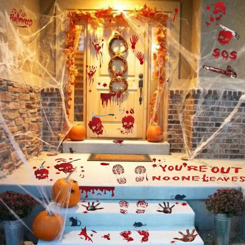 New Halloween Decoration Horror Bloodstain Wall Sticker Handprint Blood Skull Window Sticker Halloween Party Sticke Decor Oasis Select