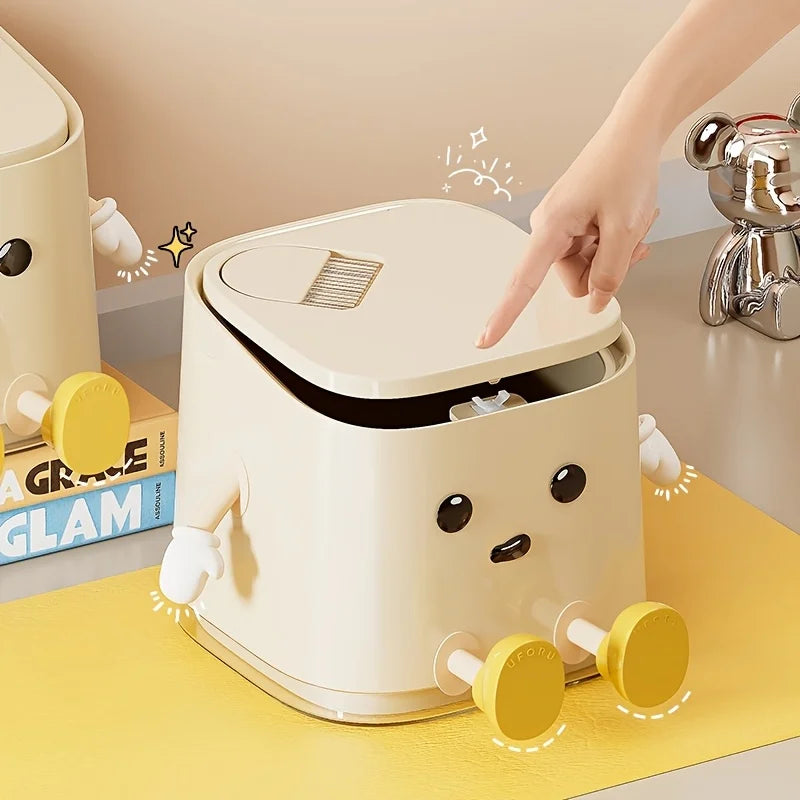 1 pc Cute Push-On Mini Trash Can with Brush, Compact Desktop Trash Can, Storage and Cleaning Function 2 in 1 Oasis Select