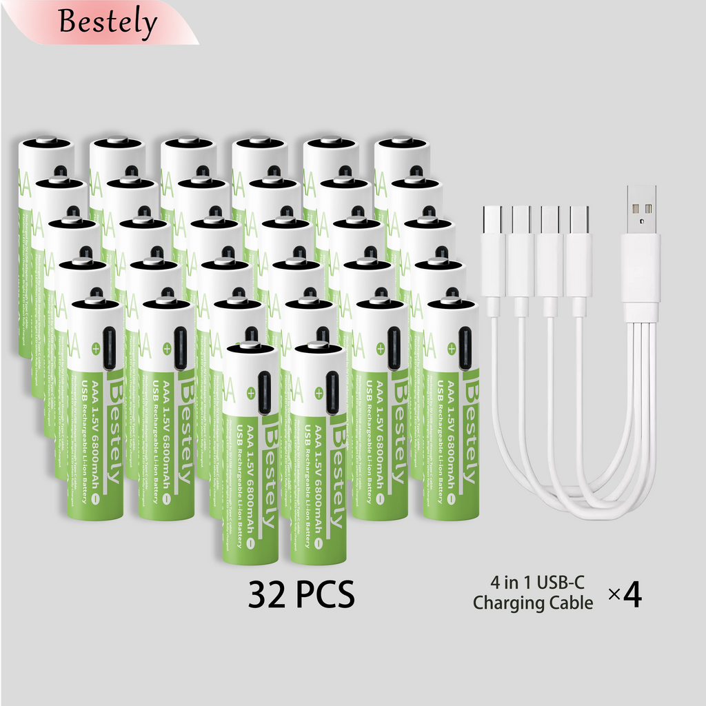 Type-C AAA Rechargeable Lithium Battery 6800mAh Long Runtime Battery for Wireless Devices Remote Control Flashlight Camera Oasis Select 1.5V 32 pcs AAA Batteries