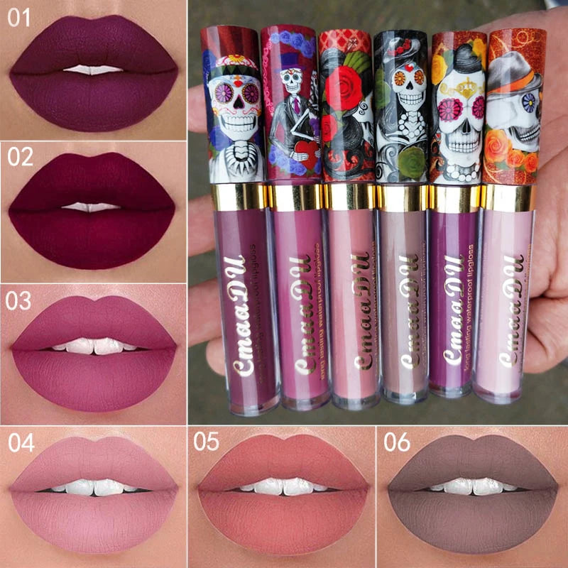 1pcs Matte Lip Gloss - Long-Lasting, Waterproof, Non-Fading, for All Skin Types - Vibrant Red Shades with Floral & Skull Designs Oasis Select