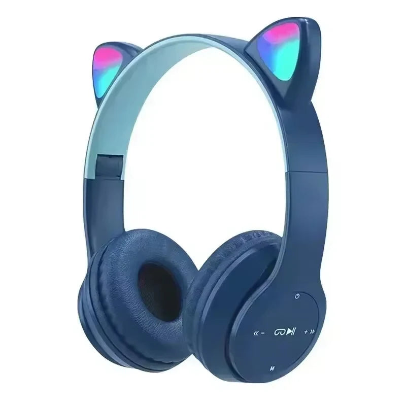 Flash Lamp Cute Cat Ears Headphone Bluetooth5.0 Stereo With Mic Support TF Card Wireless Kids Girl Earphone Birthday Gift Oasis Select Sky Blue